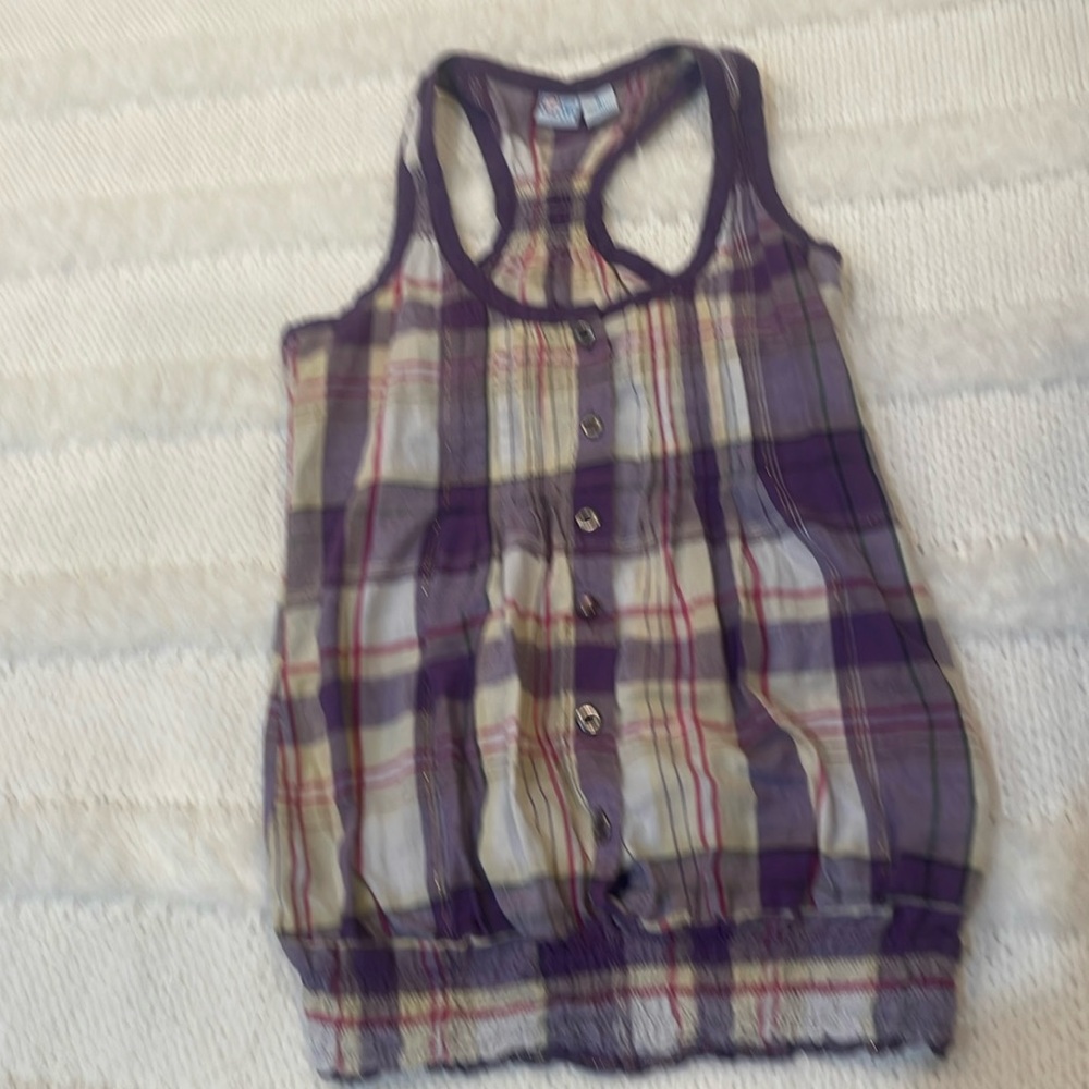 Y2K Love Mkn plaid sleeveless top 100% cotton elastic waist purple girls size S